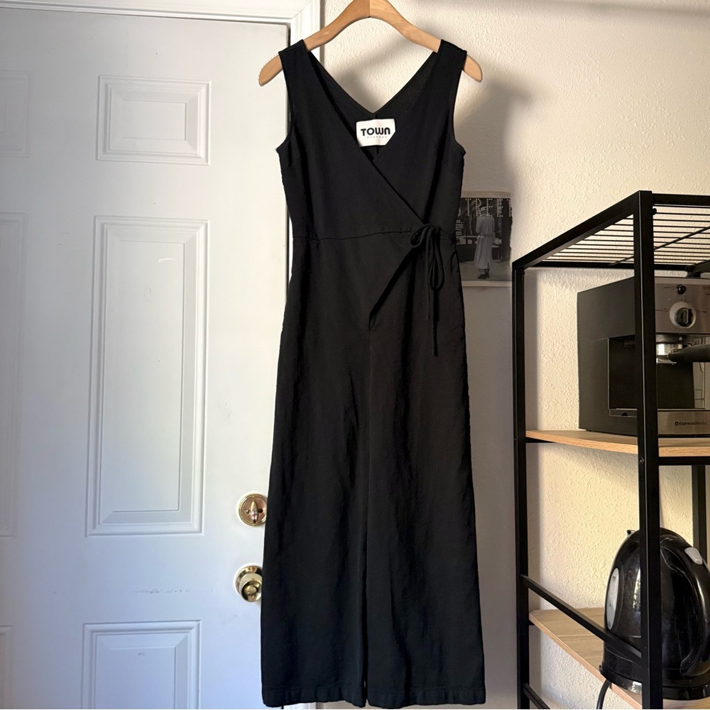 TOWN CLOTHES black wool knit surplice wrap short sleeve straight leg jumpsuit